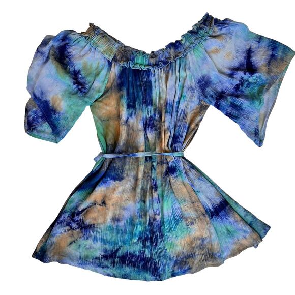 NEW Off Shoulder Tie Dye Dress Women Medium Tunic Blue Green Bell Sleeve Country - Picture 4 of 16
